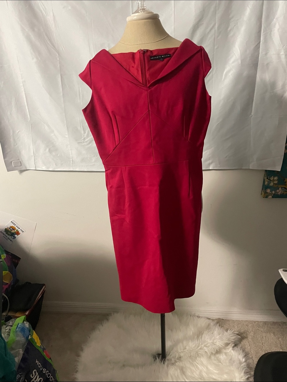 ANTONIO MELANI Red V-Fold Neck Midi Sheath Dress